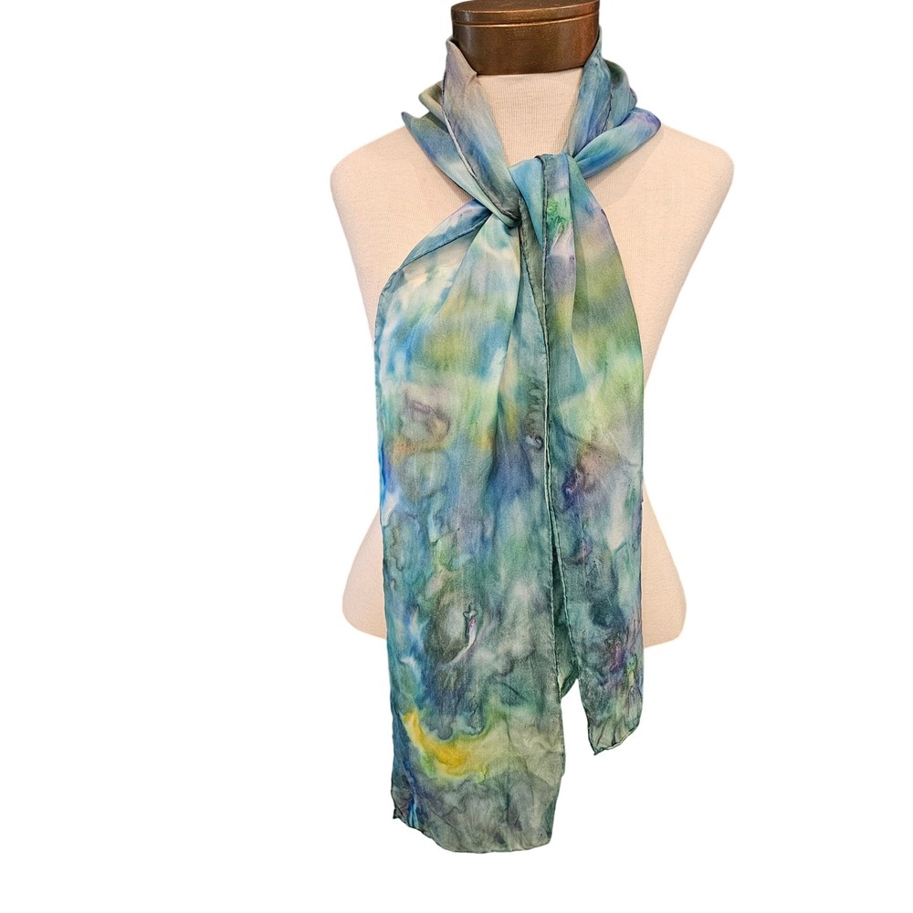 Hand Painted Silk Scarf Abstract Watercolor Blue Green Purple Rectangle
